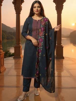 Geometric Yoke Design Thread Work Pure Cotton Kurta & Trousers With Dupatta 1