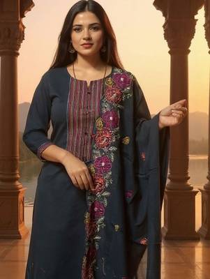 Geometric Yoke Design Thread Work Pure Cotton Kurta & Trousers With Dupatta 2