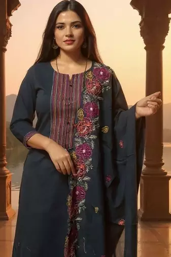 Geometric Yoke Design Thread Work Pure Cotton Kurta & Trousers With Dupatta