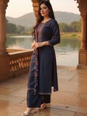 Geometric Yoke Design Thread Work Pure Cotton Kurta & Trousers With Dupatta 3