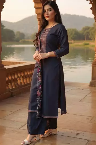 Geometric Yoke Design Thread Work Pure Cotton Kurta & Trousers With Dupatta