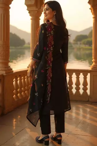 Geometric Yoke Design Thread Work Pure Cotton Kurta & Trousers With Dupatta