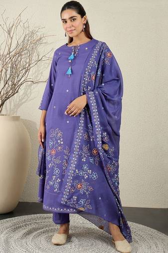 Women Floral Embroidered Cotton A-Line Kurta with Trousers & Dupatta