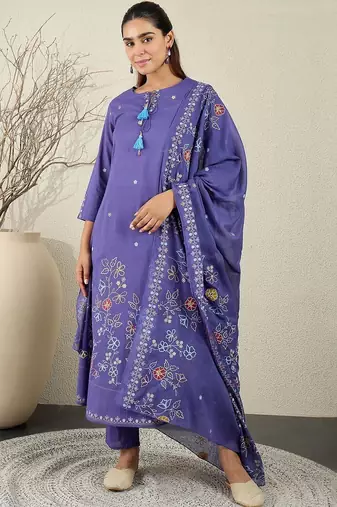 Women Floral Embroidered Cotton A-Line Kurta with Trousers & Dupatta