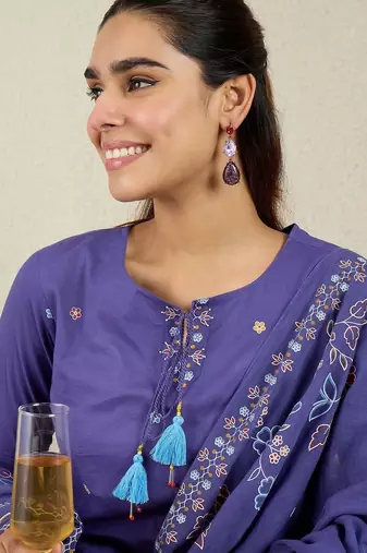 Women Floral Embroidered Cotton A-Line Kurta with Trousers & Dupatta