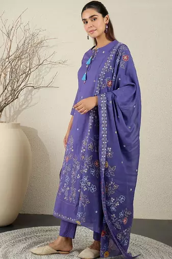 Women Floral Embroidered Cotton A-Line Kurta with Trousers & Dupatta