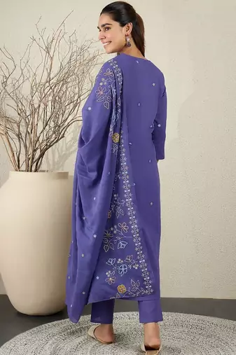 Women Floral Embroidered Cotton A-Line Kurta with Trousers & Dupatta