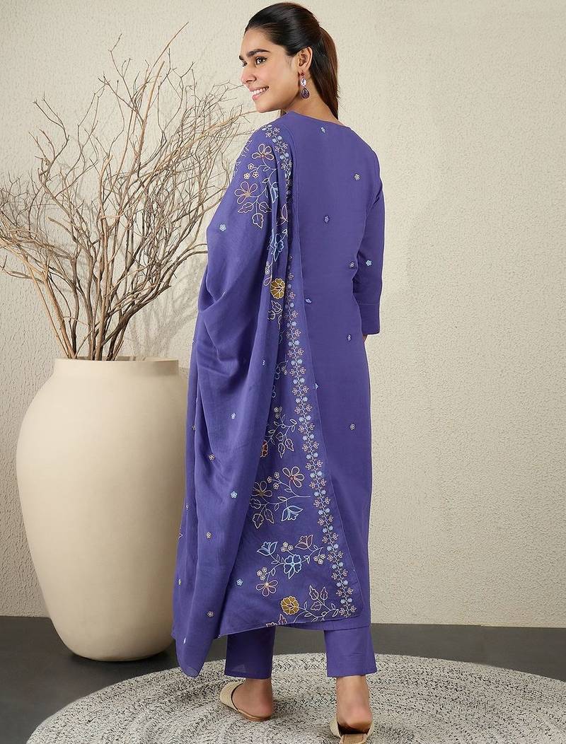 Women Floral Embroidered Cotton A-Line Kurta with Trousers & Dupatta