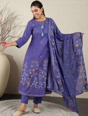 Women Floral Embroidered Cotton A-Line Kurta with Trousers & Dupatta 5