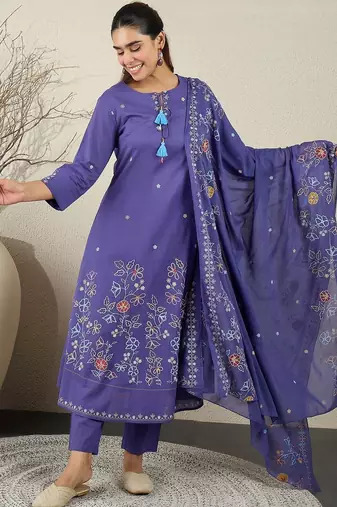 Women Floral Embroidered Cotton A-Line Kurta with Trousers & Dupatta