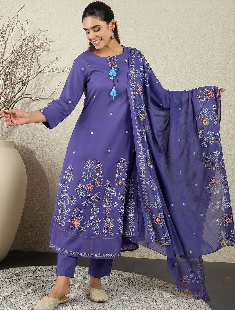 Women Floral Embroidered Cotton A-Line Kurta with Trousers & Dupatta