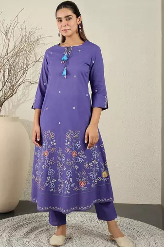 Women Floral Embroidered Cotton A-Line Kurta with Trousers & Dupatta