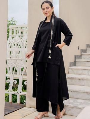 Women Round Neck Pure Cotton Straight Kurta with Palazzos With Jacket 4