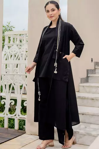 Women Round Neck Pure Cotton Straight Kurta with Palazzos With Jacket