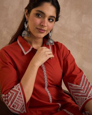Geometric Embroidered A-Line Thread Work Pure Cotton Kurta With Palazzos 2