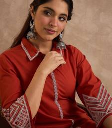 geometric embroidered a-line thread work  cotton kurta with palazzos