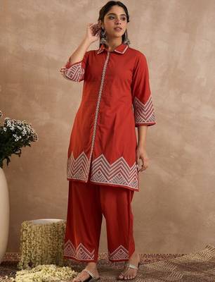Geometric Embroidered A-Line Thread Work Pure Cotton Kurta With Palazzos 1
