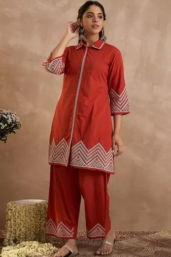 Geometric Embroidered A-Line Thread Work Pure Cotton Kurta With Palazzos