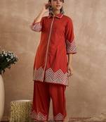 Geometric Embroidered A-Line Thread Work Pure Cotton Kurta With Palazzos