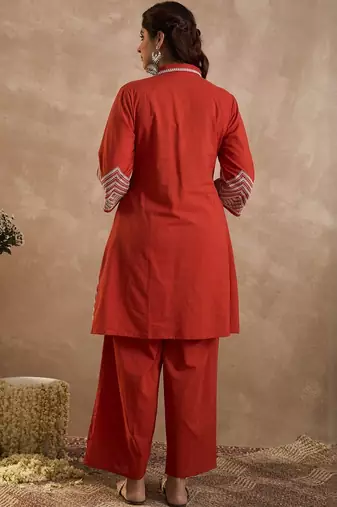 Geometric Embroidered A-Line Thread Work Pure Cotton Kurta With Palazzos