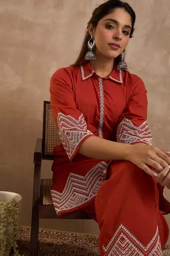 Geometric Embroidered A-Line Thread Work Pure Cotton Kurta With Palazzos