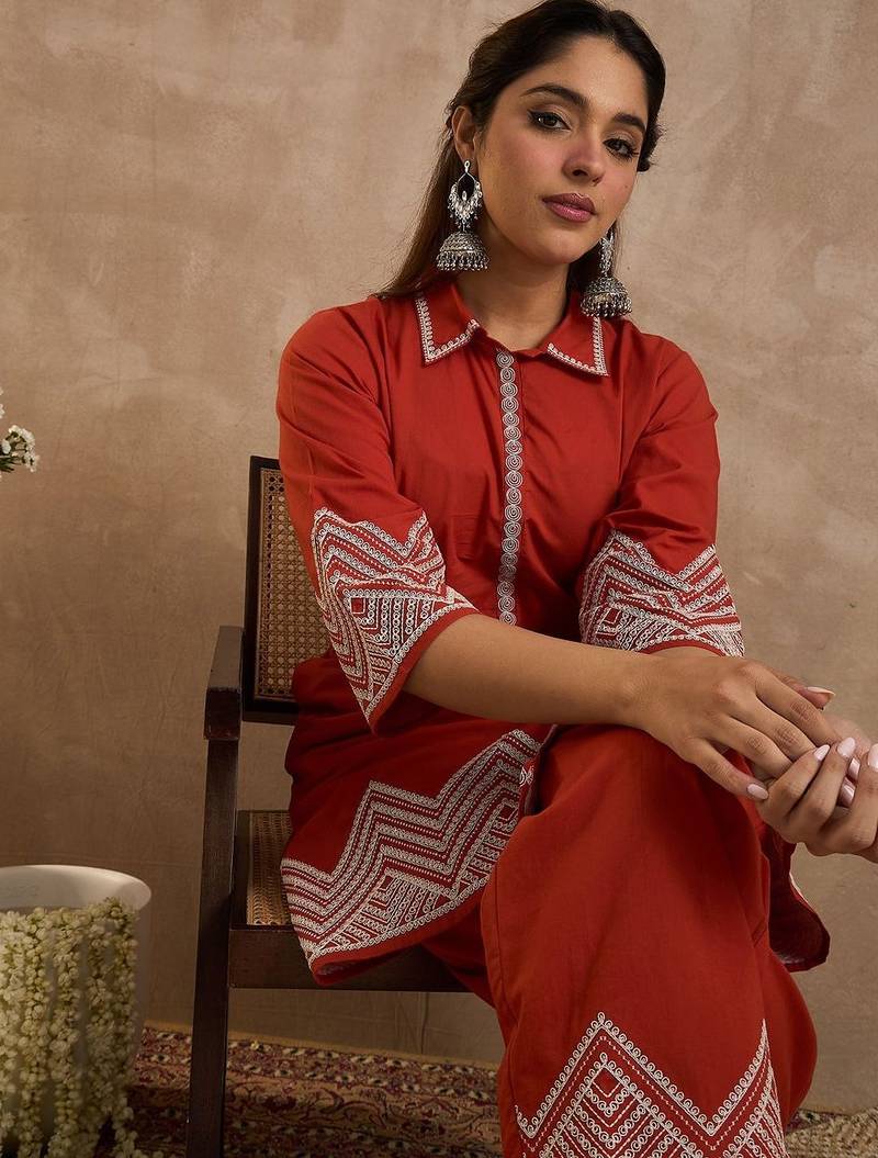 Geometric Embroidered A-Line Thread Work Pure Cotton Kurta With Palazzos