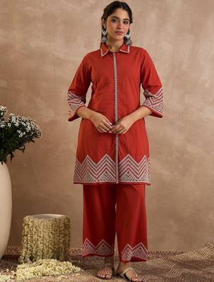 Geometric Embroidered A-Line Thread Work Pure Cotton Kurta With Palazzos 5