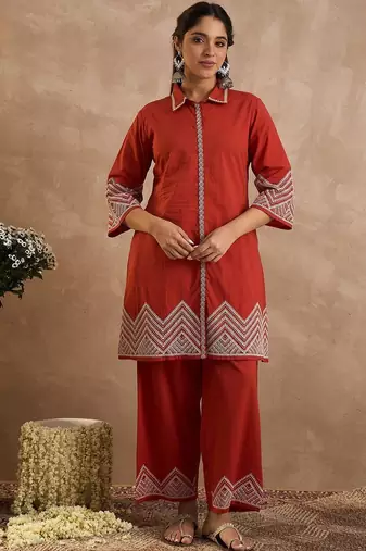 Geometric Embroidered A-Line Thread Work Pure Cotton Kurta With Palazzos