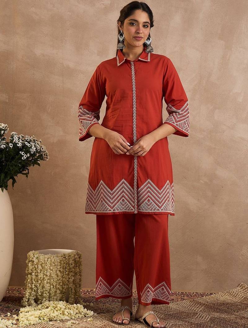 Geometric Embroidered A-Line Thread Work Pure Cotton Kurta With Palazzos