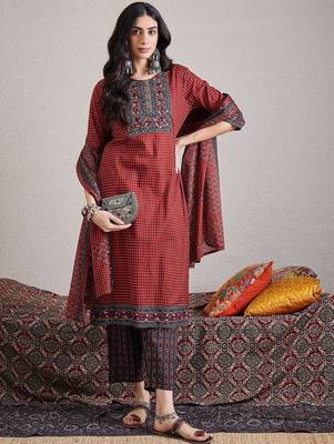 Women Ethnic Motifs Printed Regular Mirror Work Pure Cotton Kurta with Trousers & With Dupatta 1