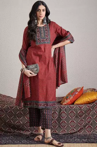 Women Ethnic Motifs Printed Regular Mirror Work Pure Cotton Kurta with Trousers & With Dupatta