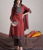 Women Ethnic Motifs Printed Regular Mirror Work Pure Cotton Kurta with Trousers & With Dupatta