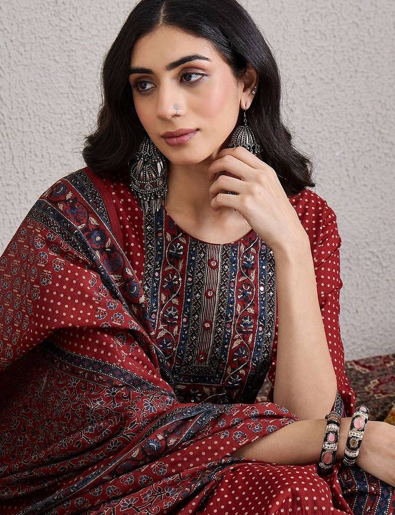 Women Ethnic Motifs Printed Regular Mirror Work Pure Cotton Kurta with Trousers & With Dupatta