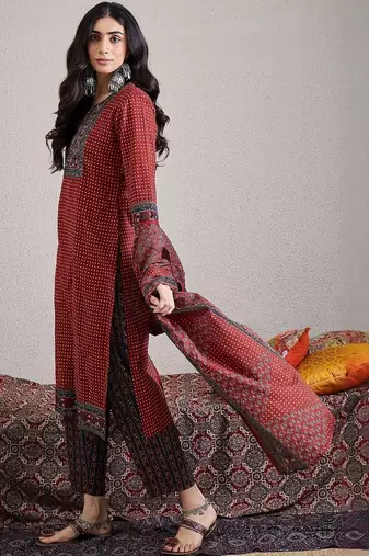 Women Ethnic Motifs Printed Regular Mirror Work Pure Cotton Kurta with Trousers & With Dupatta