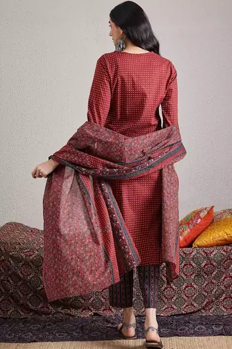 Women Ethnic Motifs Printed Regular Mirror Work Pure Cotton Kurta with Trousers & With Dupatta