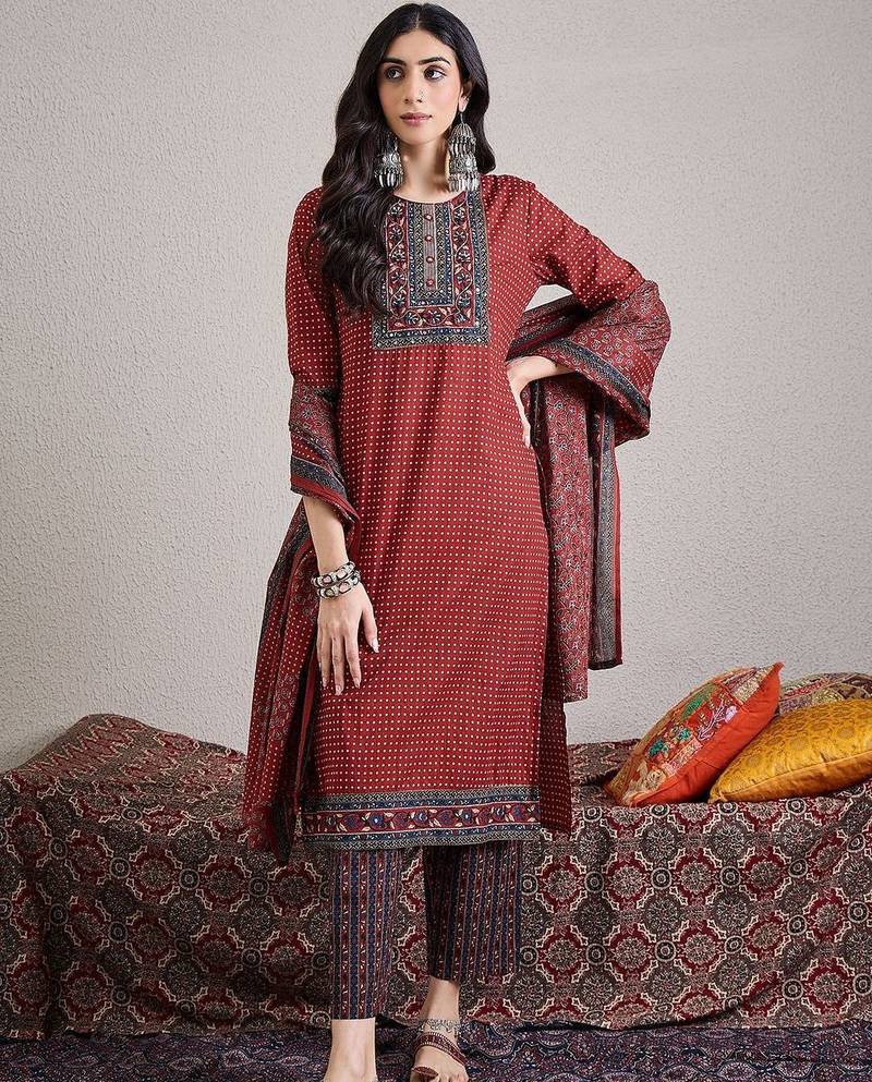 Women Ethnic Motifs Printed Regular Mirror Work Pure Cotton Kurta with Trousers & With Dupatta