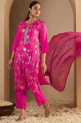 Floral Printed Straight Kurta With Trousers & Dupatta