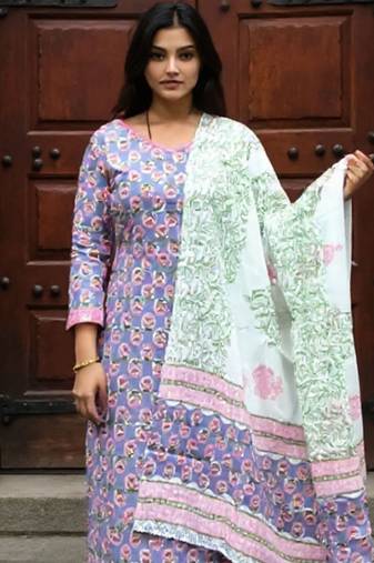 floral printed round neck  cotton straight kurta with trousers & dupatta