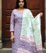 Floral Printed Round Neck Pure Cotton Straight Kurta With Trousers & Dupatta
