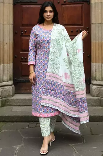 Floral Printed Round Neck Pure Cotton Straight Kurta With Trousers & Dupatta