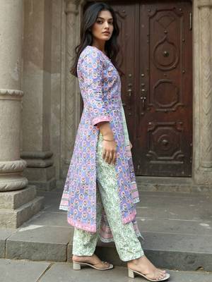 Floral Printed Round Neck Pure Cotton Straight Kurta With Trousers & Dupatta 3
