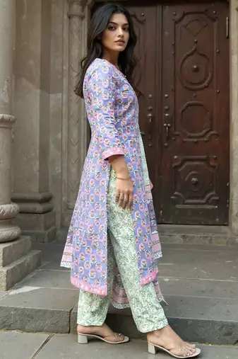 Floral Printed Round Neck Pure Cotton Straight Kurta With Trousers & Dupatta