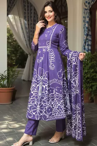 Floral Printed Pure Cotton A Line Kurta With Trousers & Dupatta