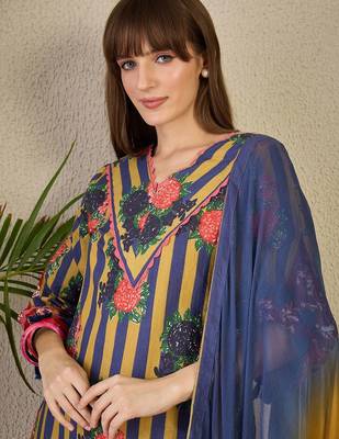 Adults-Women Floral Printed Cotton A-Line Kurta with Trousers & Dupatta 2