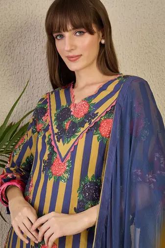 Adults-Women Floral Printed Cotton A-Line Kurta with Trousers & Dupatta