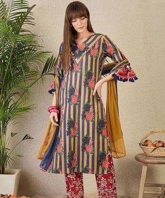 Adults-Women Floral Printed Cotton A-Line Kurta with Trousers & Dupatta 3