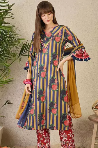Adults-Women Floral Printed Cotton A-Line Kurta with Trousers & Dupatta