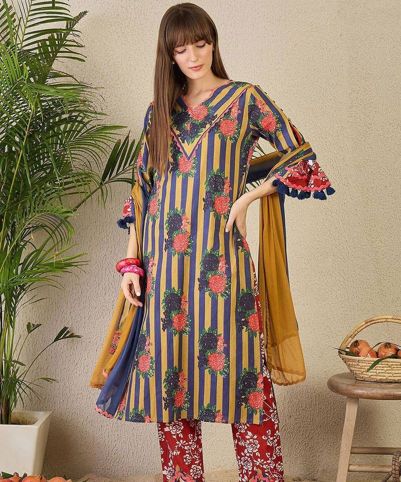 Adults-Women Floral Printed Cotton A-Line Kurta with Trousers & Dupatta