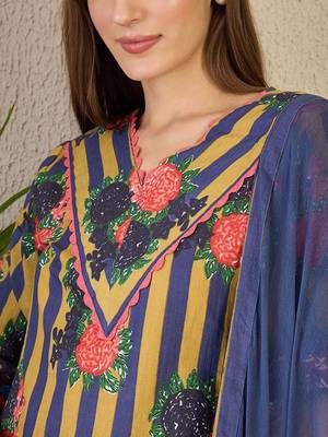 Adults-Women Floral Printed Cotton A-Line Kurta with Trousers & Dupatta 4