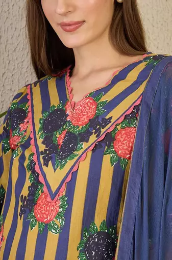 Adults-Women Floral Printed Cotton A-Line Kurta with Trousers & Dupatta